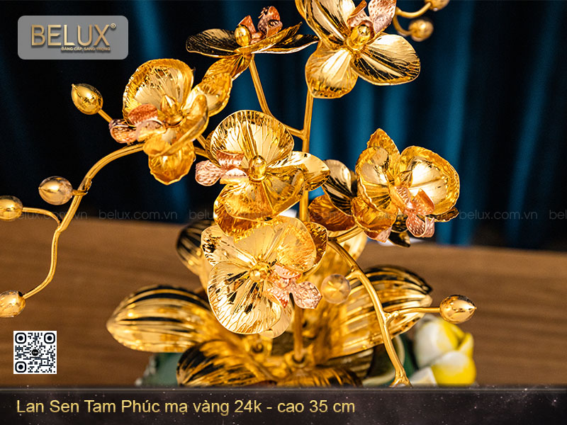 Chậu Lan Sen Tam Phúc mạ vàng 24k cao 35cm&nbsp;
